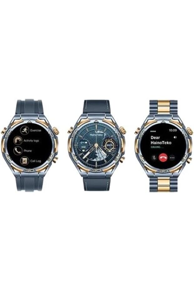 Round Smart Watch with 3 Pair Strap with Wireless Charger (RW 69 Blue and Gold)
