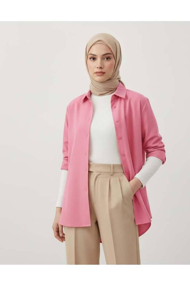 Kadın Oversize Uzun Basic Gömlek - 1