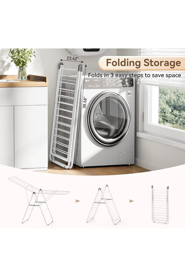 رف تجفيف الملابس القابل للطي، قابل لتعديل الارتفاع، 28 قضيبًا، أبيض - 4