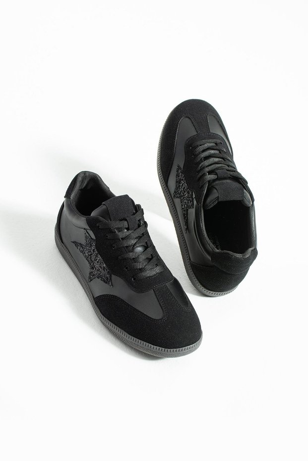 Women's Sneaker Lace-Up Half Star Detailed Sports Shoes Nuvon - Black