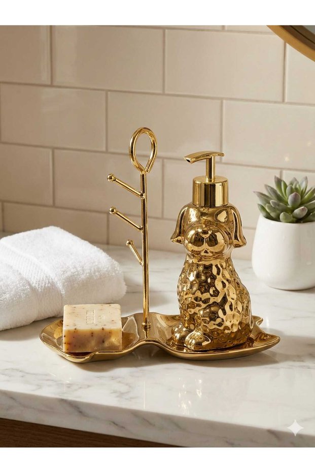 Gold Soap Dish Coated Special Design Liquid Soap Dispenser with Metal Tray Porcelain, Stand, Jewelry Holder