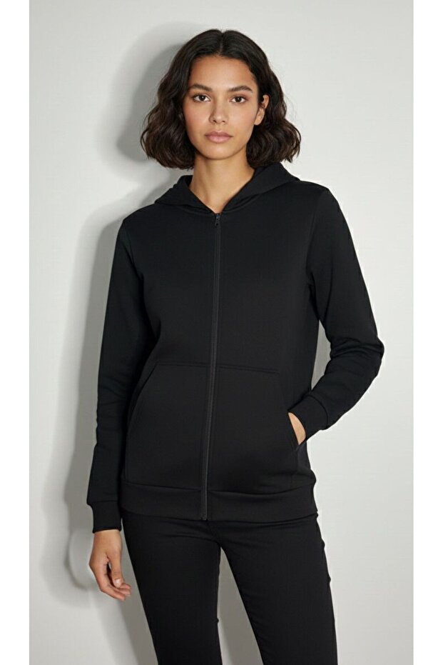 Siyah Fermuarlı Kapüşonlu Üst - 1