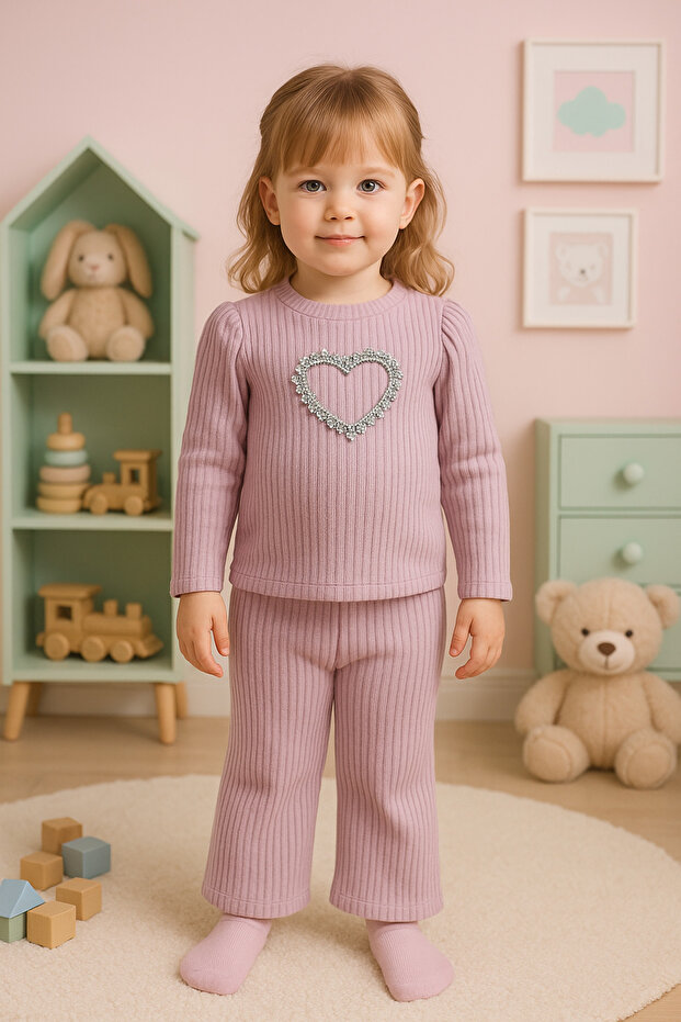 Girl's Soft Corded Fabric Stone Embroidered Wide Leg Suit