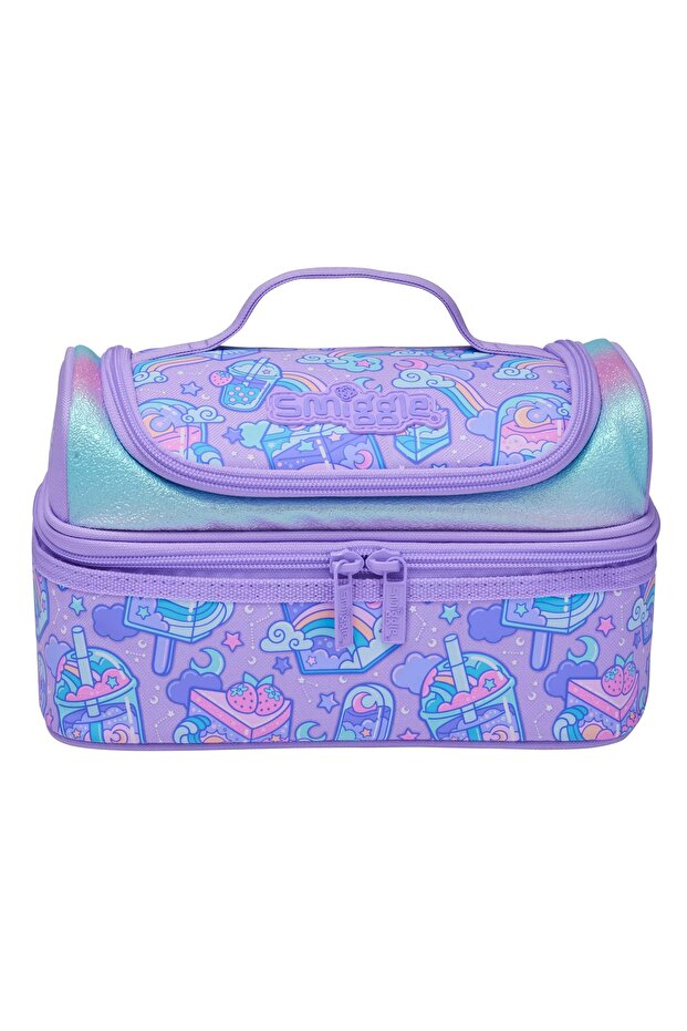 Lilac Double Decker Lunch Box – Milkshake & Rainbow Patterned, Double Layered, Thermal