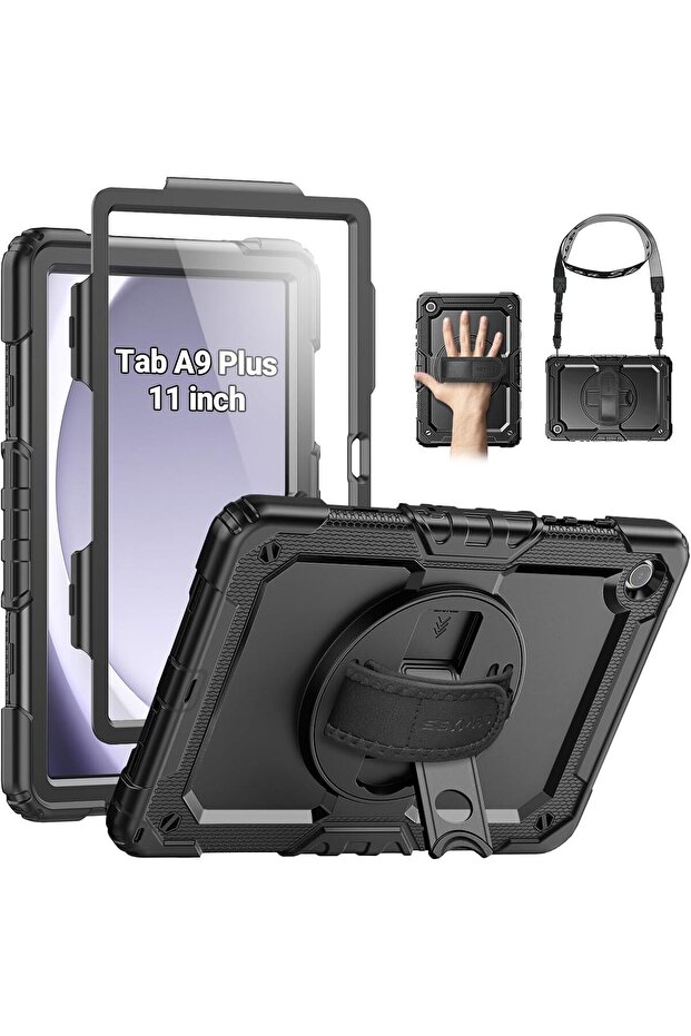 Case for Samsung Galaxy Tab A9+ 11" (2023) Shockproof with Rotating Stand & Strap, Black