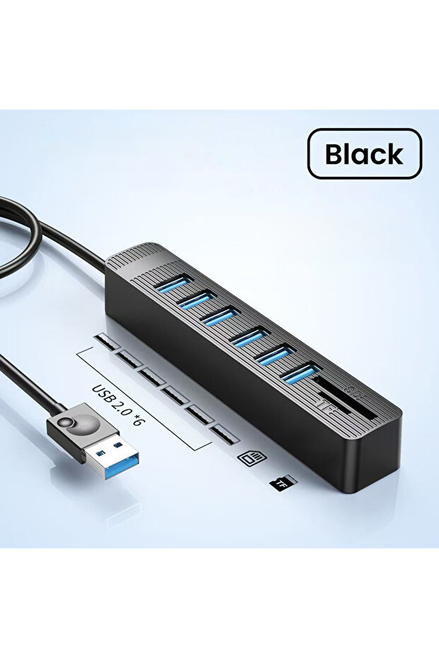 قارئ بطاقات USB متعدد الوظائف 8 في 1 USB2.0 أسود، موزع USB 8 منافذ، موسع متعدد مع TF
