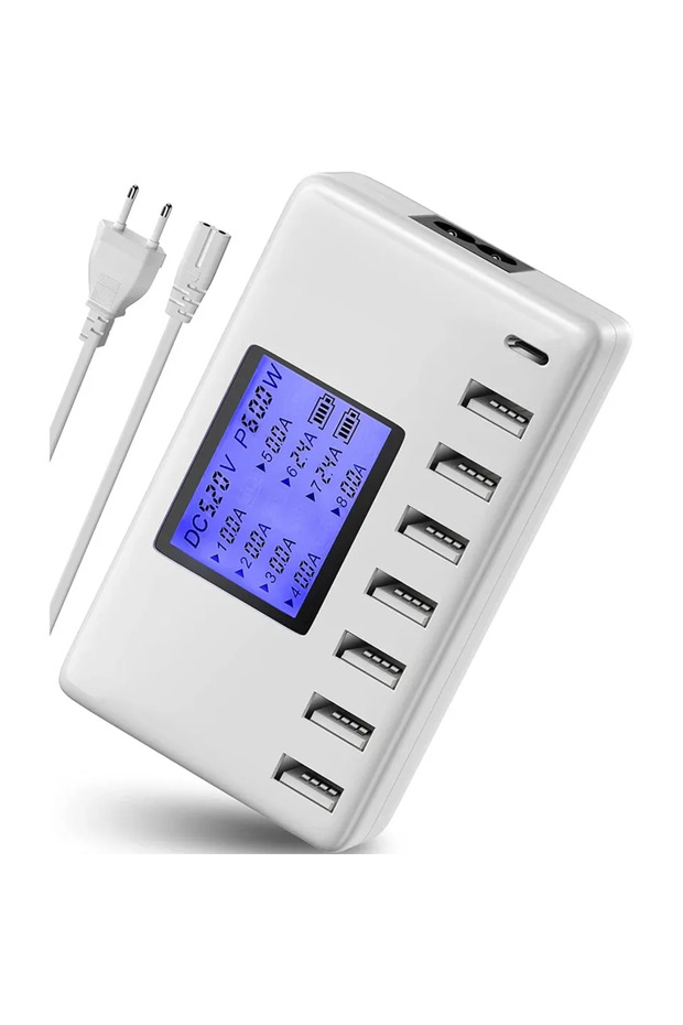 محطة شحن USB بمقبس الاتحاد الأوروبي، 8 منافذ، 60 وات 12 أمبير، شاحن متعدد منافذ USB-C مع شاشة LCD للهواتف المحمولة