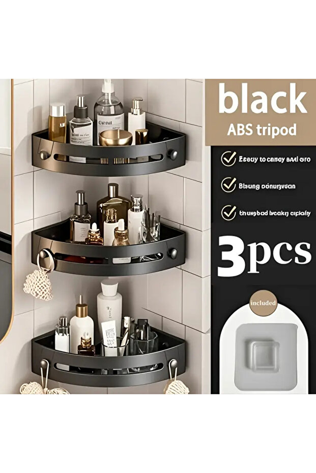 3PC 1/2/3pcs Wall-Mounted Bathroom Storage Rack with Hooks - Durable Plastic Space-Saving Organizer