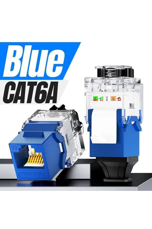 CAT6A أزرق، قطعة واحدة، مقبس شبكة AMPCOM RJ45 Keystone، CAT6A، CAT6، قفل بدون رباط سحاب وUT بدون أدوات