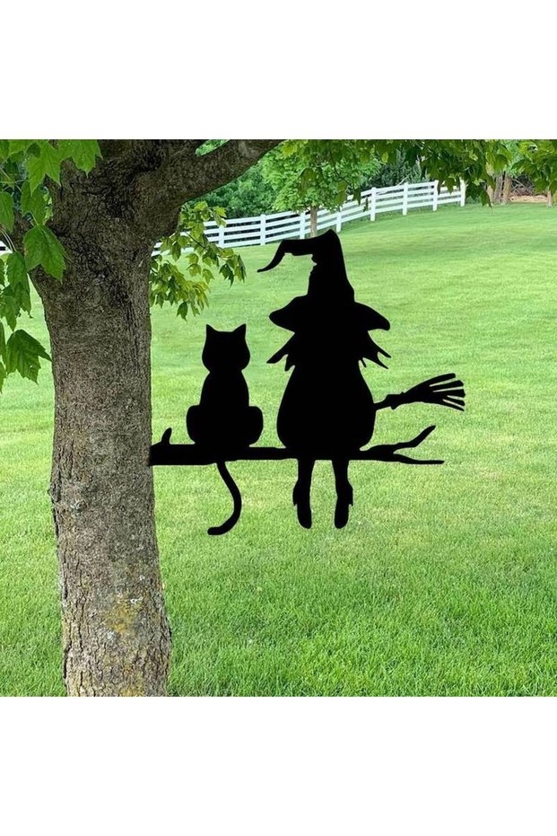 ty-nwym-001 Metal Silhouette Cute Witch And Cat Garden Stump Patio Decorative Gardening Lawn Stump I