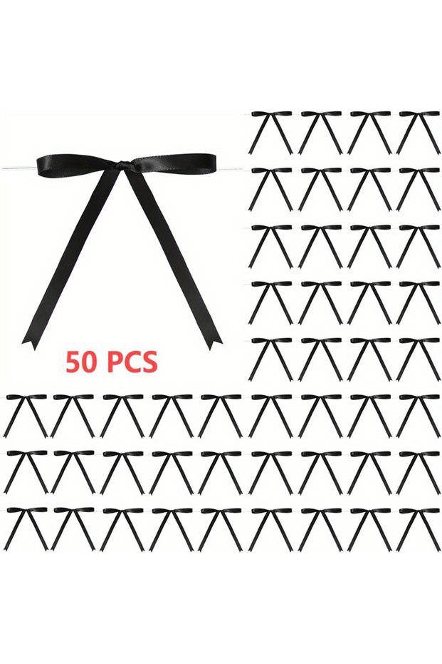 black 50pcs/pack Twist Tie Satin Ribbon Bows for Gift Wrapping Cake Treats Craft DIY Weddings Shower