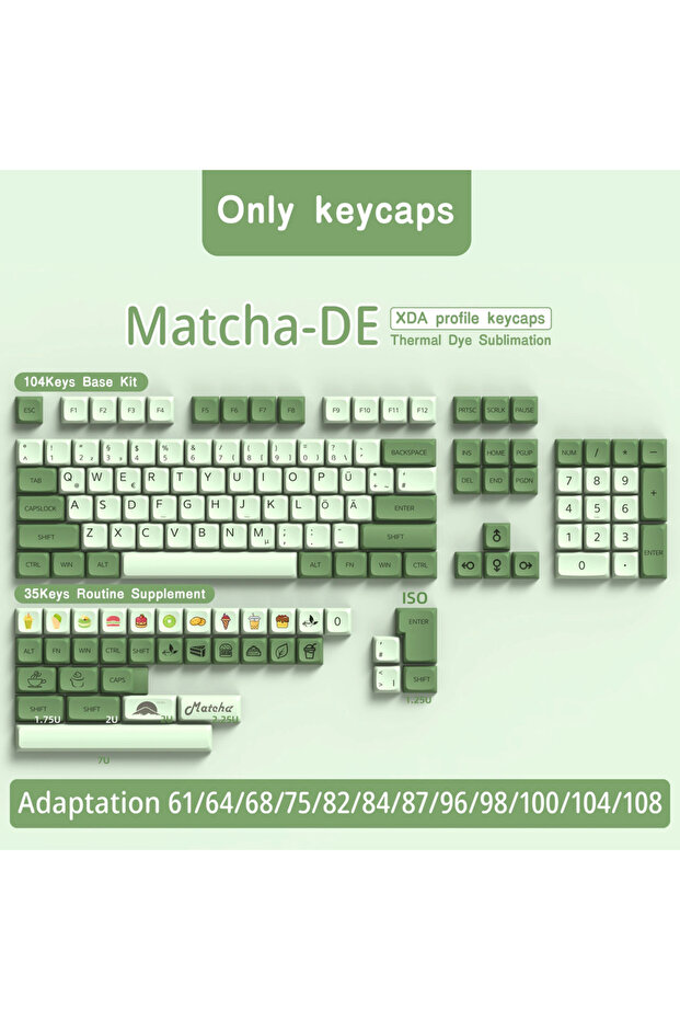 أغطية مفاتيح لوحة مفاتيح Matcha DE XDA Profile PBT German Keycap Dye-Sub ISO Alice Layout 7U مفتاح المسافة لـ M