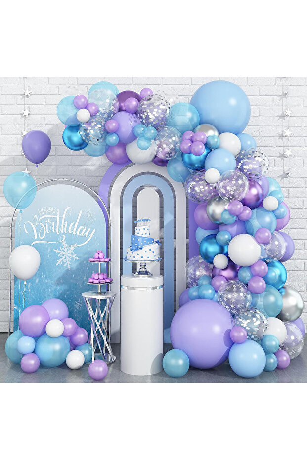 Other Style 1 Ice and Snow Balloon Arch Set, Light Blue Purple White Balloon Garland with Silver Con