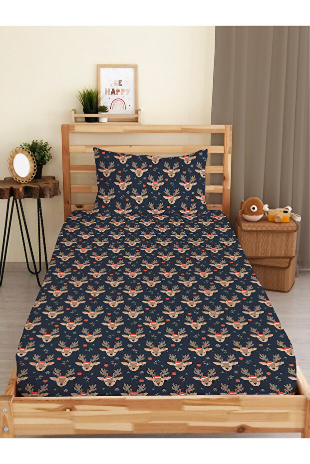 Deer Patterned Single Digital Printed Elastic Sheet Set (Cotton) – 100X200Cm