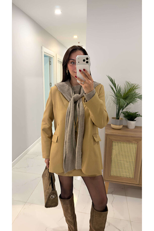 Kosowa Camel Buttoned Blazer Jacket - 4