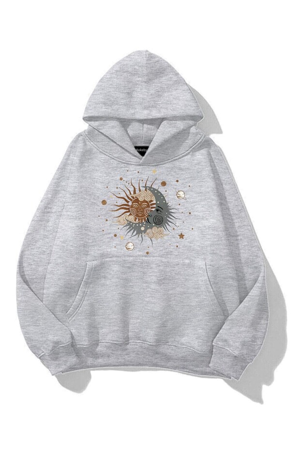 Unisex Moon Star Printed Gray Hooded Kangaroo Pocket Sweatshirt