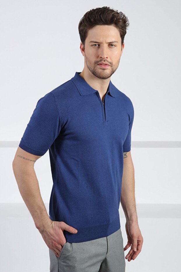 Indigo Polo Neck Zippered Men's Cotton Knitwear T-Shirt