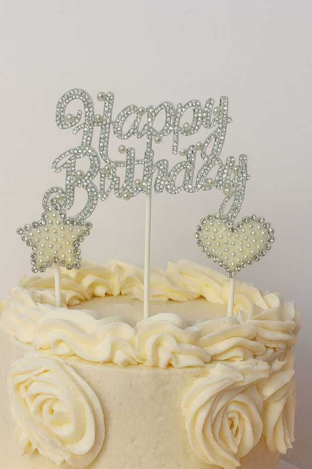 Cake Decoration Luxury Pearl and Stone Detailed Happy Birthday 3-Piece Set