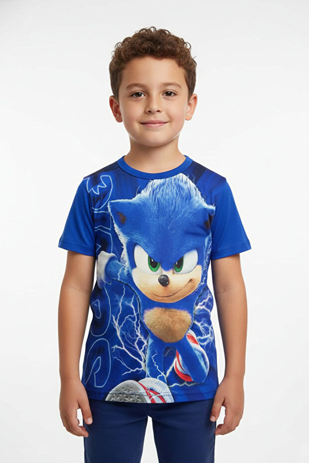 Boy's Crew Neck Relax Fit Cotton Sonic the Hedgehog Printed Dark Blue T-Shirt
