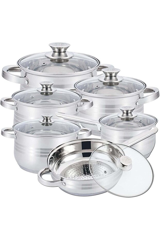 Stainless Steel 12-Piece Cookware Set - Casserole, Saucepan, Fry Pan