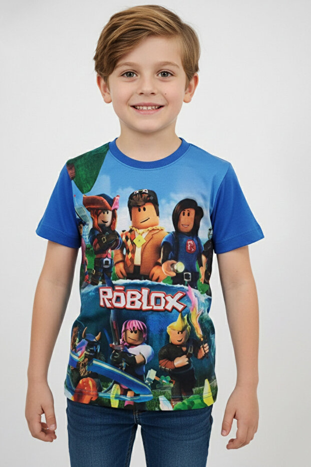 Boy's Crew Neck Relax Fit Cotton Roblox Game Characters Printed Blue T-Shirt