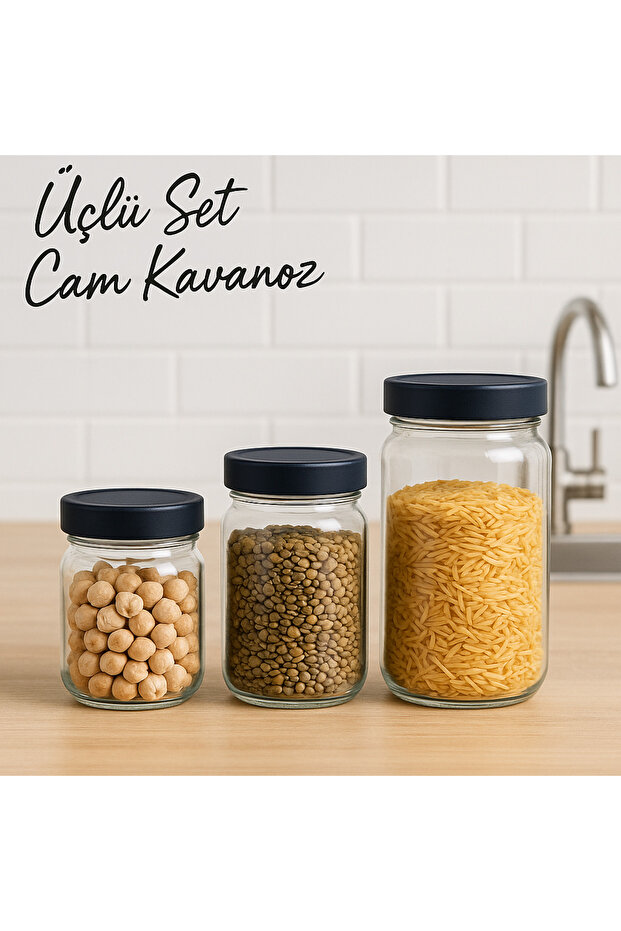 Comer 3-Piece Glass Jar Set – Kitchen Legume Storage Container – Black Lid