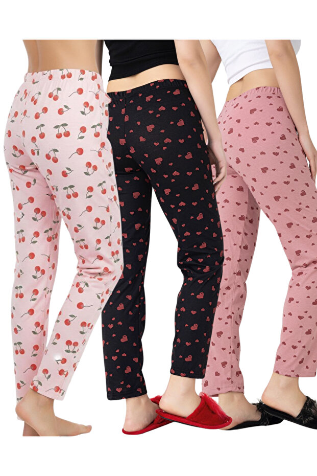 3-Pack Cotton Thin Breathable Fabric Ribbon Waist Detail Printed Pocketless Women's Pajama Bottoms