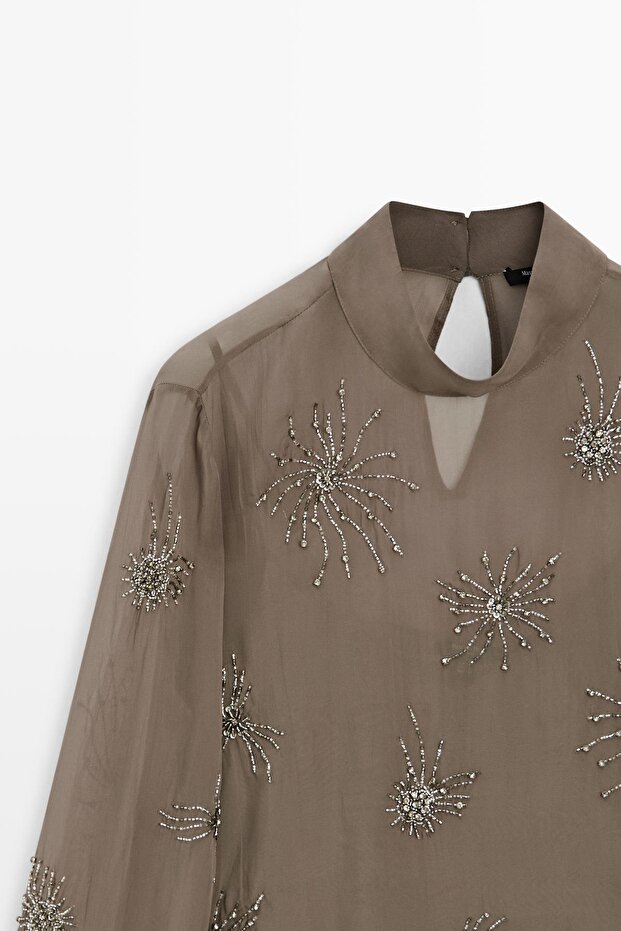 İşlemeli yarı transparan bluz - 5