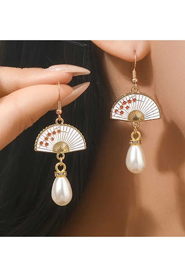 Fan Model Mayorka Pearl Dangle Design Asian Chic Style Yellow Color Dangle Steel Earrings