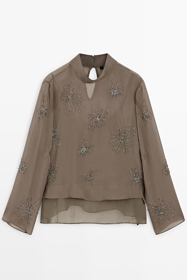 İşlemeli yarı transparan bluz - 4