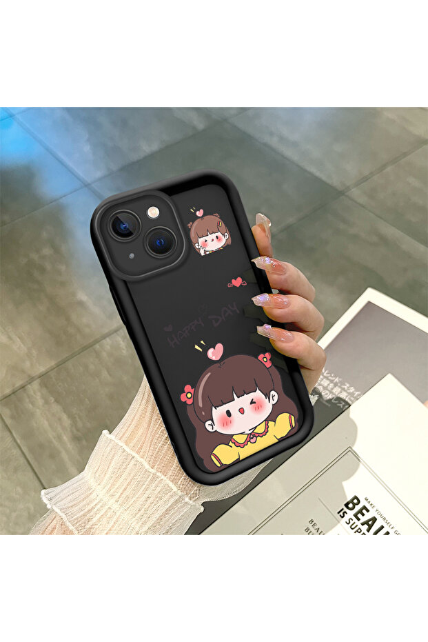 iPhone 15 Compatible Shockproof Cute Patterned Black Silicone Case - 3