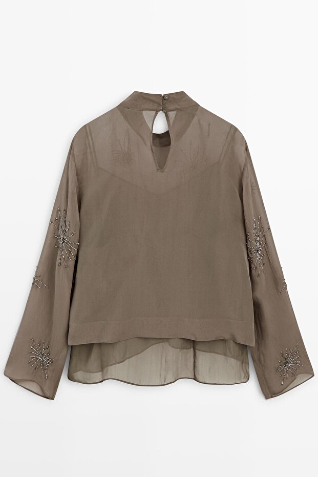 İşlemeli yarı transparan bluz - 7