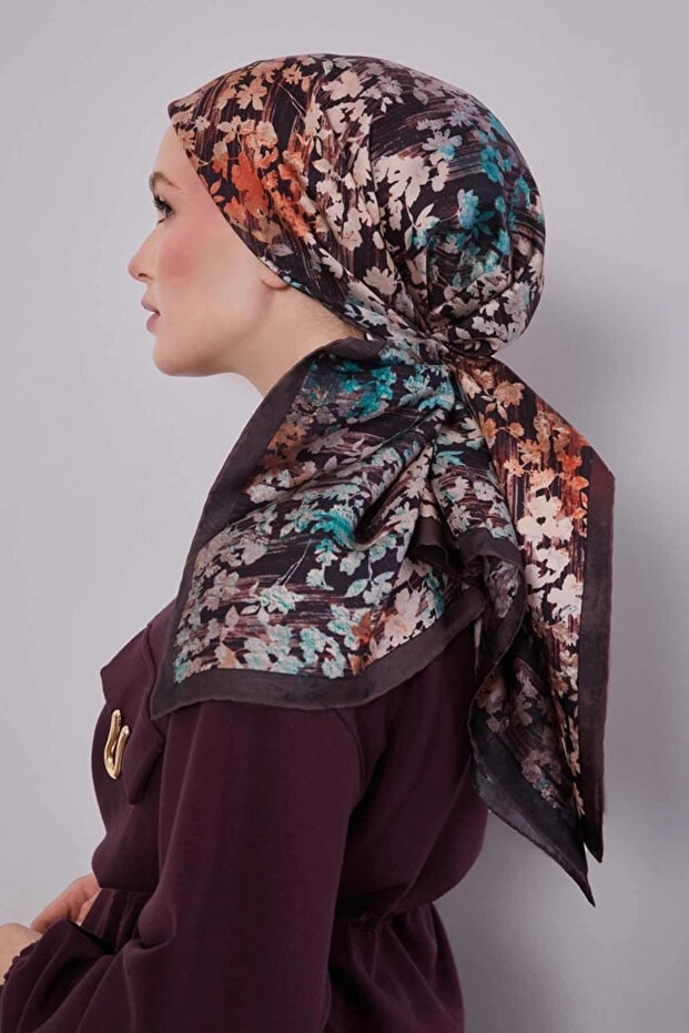 وشاح حريري بنقشة تويل بنمط تجريدي مزين بالزهور - 2