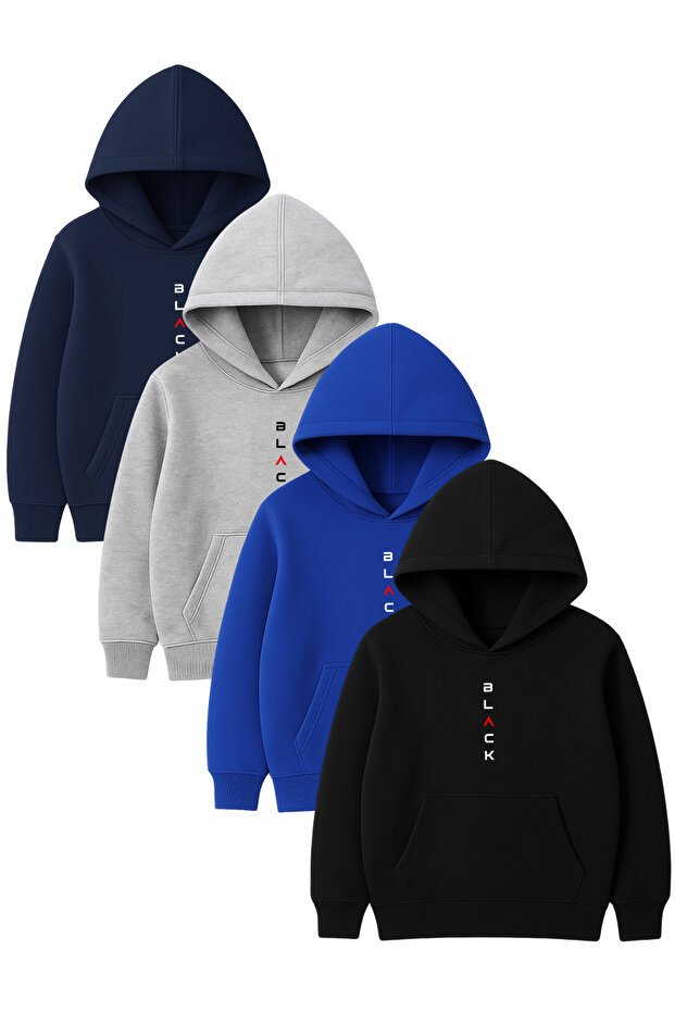 4-Piece Unisex Hooded Hoodie Set – Black Printed Kangaroo Pocket Sweatshirt
