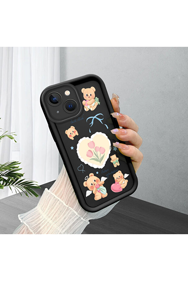 iPhone 14 Plus Compatible Shockproof Cute Patterned Black Silicone Case - 2