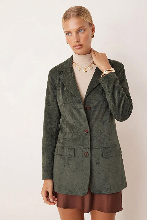 Women's Green Collared Pocket Covered Buttoned Shoulder Pad Piece Premium Suede Oversized Jacket Arm-25K001057