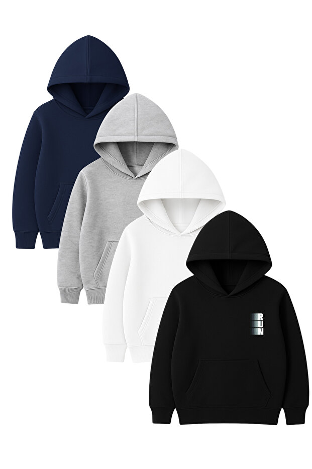 4-Piece Unisex Hooded Hoodie Set – Run Printed Kangaroo Pocket Sweatshirt