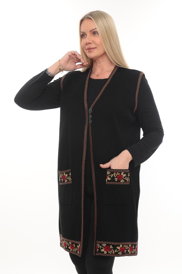 Black Rose Embroidered Winter Thick Buttoned Long Pocket Knitwear Mother's Vest
