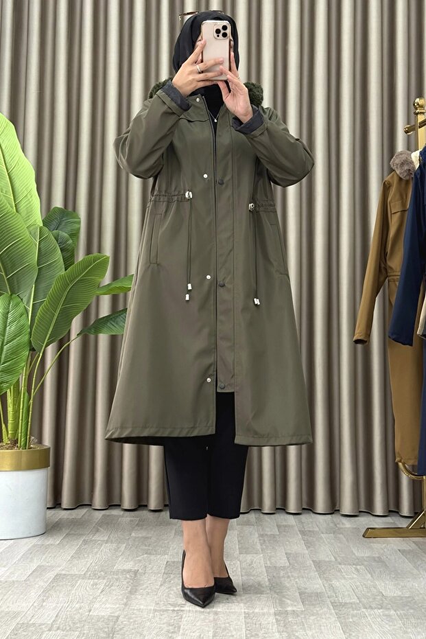 Sena Mont Bondit Fabric Women's Khaki Coat with Drawstring Waist and Hooded Full-Zip Closure