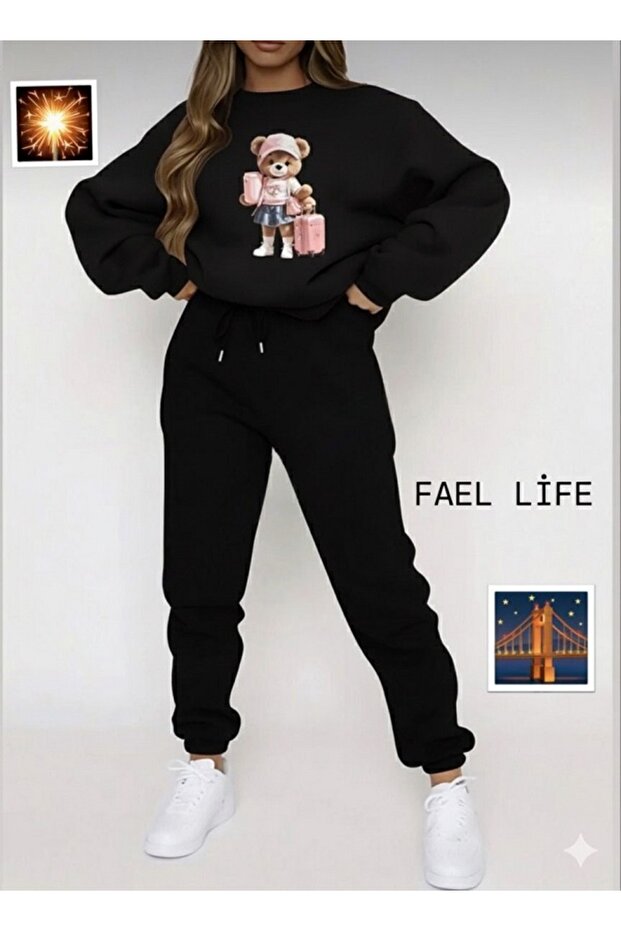 Women/Girls Loose Fitting Zero-Necklace Sweatshirt Set with Bag Bear Printed