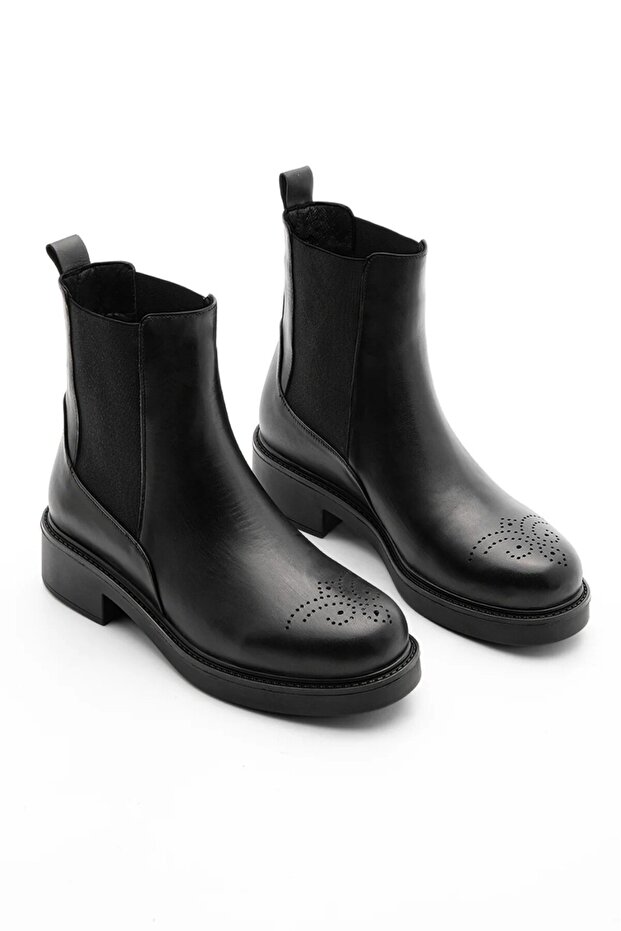 Women's Genuine Leather Elastic Side Band Casual Boots Black