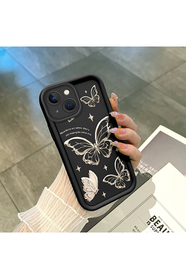 iPhone 15 Plus Compatible Quality Black Silicone Butterfly Pattern Shockproof Case - 1