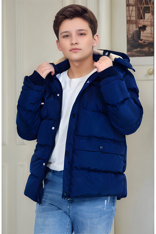Boy's Winter Fleece-Lined Thick Fiber-Filled Waterproof Hooded Coat Jacket
