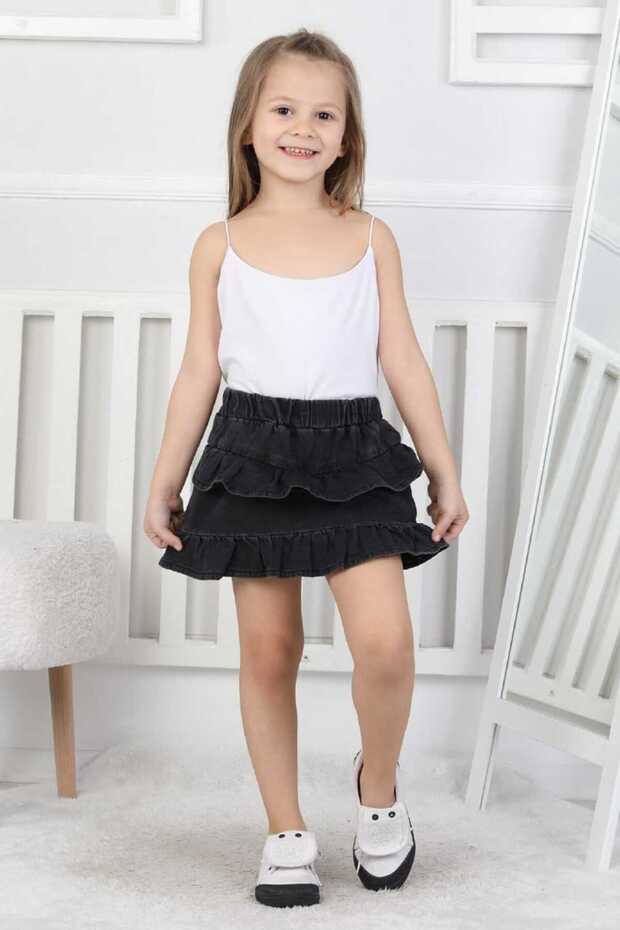 Girl's Black Skirt with Elastic Waist and Layered Jean Shorts