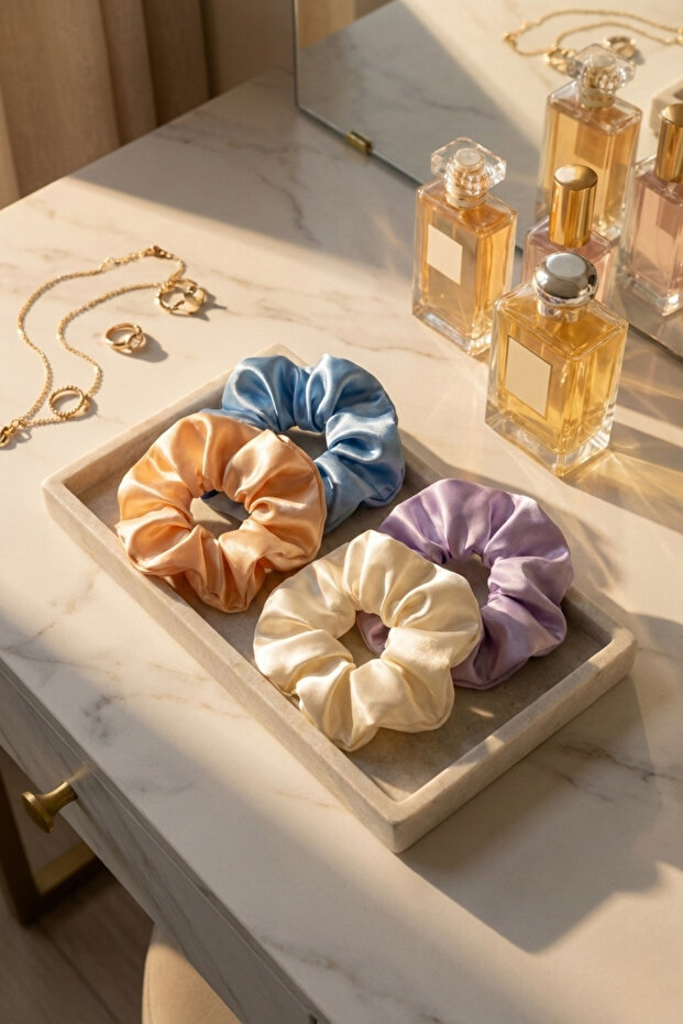 4-Piece Luxury Satin Hair Scrunchies Large Size Shiny Silk Textured Rubber Band Soft Non-Marking XL Scrunchie