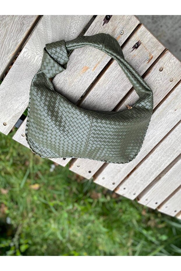 Women's Mini Shopper Braided Khaki Hand and Shoulder Bag