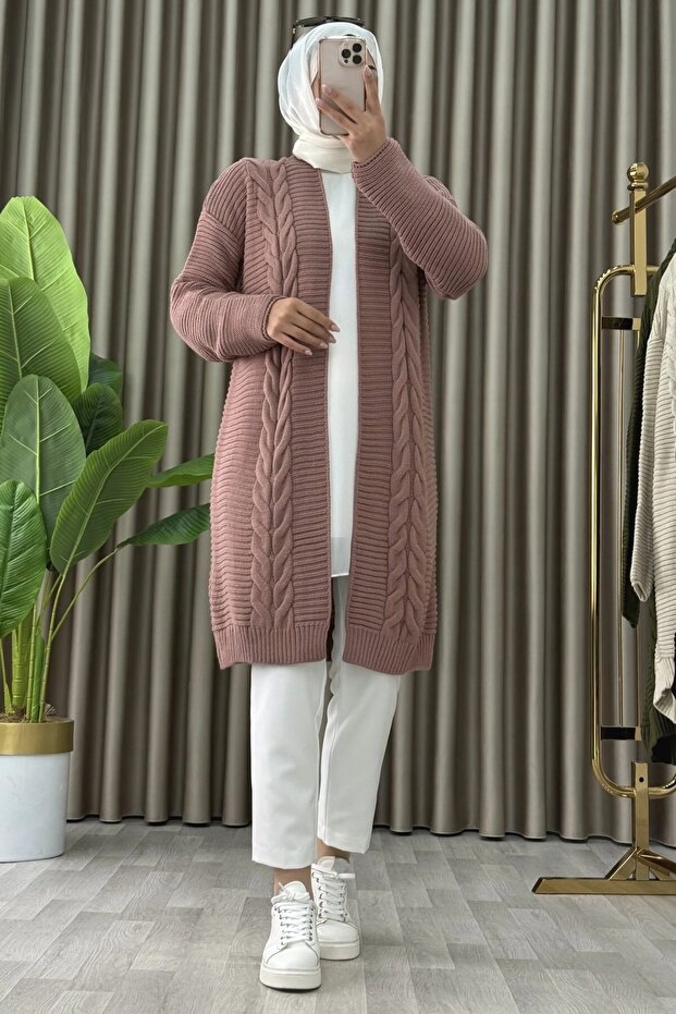 Beli̇z Hirka Acrylic Yarn Fabric Women's Rose Knitted Patterned Winter Thick Cardigan