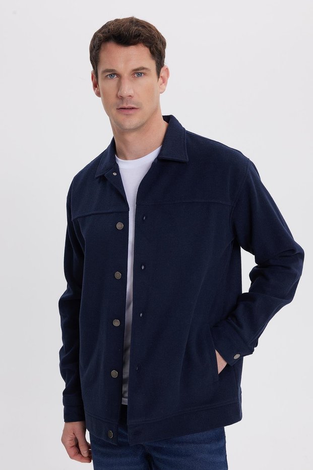 Men's Relax Fit Comfortable Cut Side Pocket Lumberjack Navy Blue Cashmere Jacket Shirt