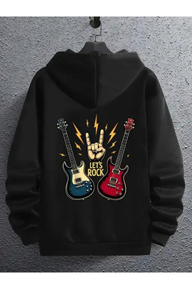 Let's Rock Guitar Printed Zippered Hooded Unisex Fleece-Lined Plain Sweatshirt Cardigan - Black