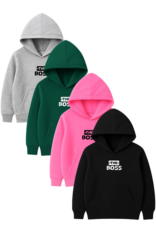 4-Piece Unisex Hooded Hoodie Set – the Bos Printed Kangaroo Pocket Sweatshirt